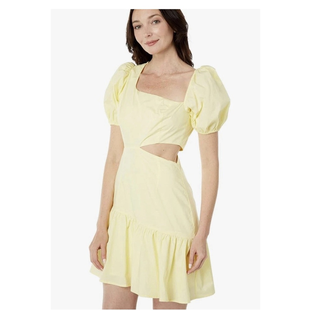 ASTR The Label Peach Puff Sleeve Asymmetrical Cutout Mini Dress Square Neck,‎ S